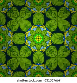 Sacred geometric vector symbol with many petals flower. Colored mandala logo on blue background.