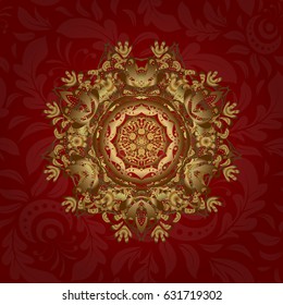 Sacred geometric vector symbol with many petals flower. Golden mandala logo on red background.