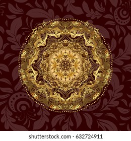 Sacred geometric vector symbol with many petals flower. Golden mandala logo on brown background.
