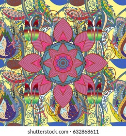 Sacred geometric vector symbol with many petals flower. Colored mandala logo on red background.