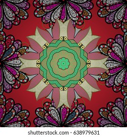 Sacred geometric vector symbol with many petals flower. Colored mandala logo on red background.