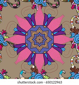 Sacred geometric vector symbol with many petals flower. Colored mandala logo on colorfil background.