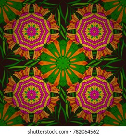 Sacred geometric vector symbol with many petals flower. Colored mandala logo on green, orange and yellow colors.