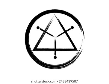 sacred geometrical figure of a circle inscribed in a triangle, the vector logo tattoo mythological symbol round triangle, grunge paint brush style isolated on white background 