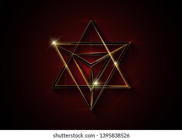 Sacred geometry. 3D gold Merkaba thin line geometric triangle shape. esoteric or spiritual symbol. isolated on dark red background. Star tetrahedron icon. Light spirit body, wicca esoteric divination