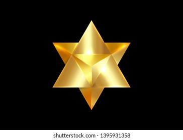 Sacred geometry. 3D gold Merkaba thin line geometric triangle shape. esoteric or spiritual symbol. isolated on black background. Star tetrahedron icon. Light spirit body, wicca esoteric divination
