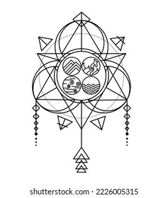 Geometría sagrada de los 4 elementos de la naturaleza: Tierra, agua, aire y fuego con simbolismo alquímico. Ilustración lineal para el diseño de tatuajes.