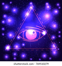 Sacred geometry abstract background withe third eye mystical sign . Neon cosmic space glowing background. Religion vector illustration