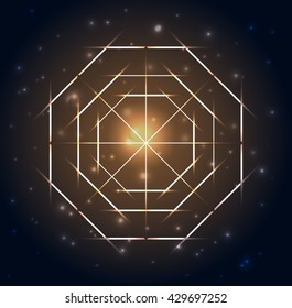 Sacred Geometry. Abstract geometric shapes on a dark blue glowing background. Vector abstract background. Mandala