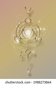 Sacred geometry abstract mystic signs. Merkaba, metallic line geometric triangle shape, esoteric spiritual symbols. isolated on vintage background. Bronze linear shapes. For you design, print card