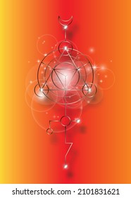Sacred geometry abstract mystic signs. Merkaba, metallic line geometric triangle shape, esoteric spiritual symbols. isolated on orange background. Bronze linear shapes. For you design, print card