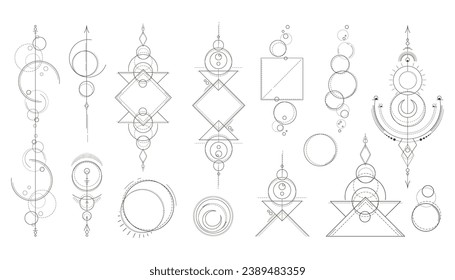 Sacred geometry abstract shapes bundle, line mystical figures - circle, triangle, moon and crescent clip arts, magic cosmic compositions, black and white hand drawn isolated designs set in vector