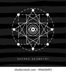 Sacred geometry abstract sign, tattoo, photo overlay. Alchemy linear modern art. Religion, astrology mystery tribal aztec emblem. Esoteric, science, hipster symbol. Vector logo, t shirt apparel print