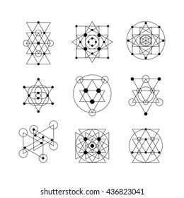 Sacred geometry abstract signs set, tattoo, photo overlay. Alchemy linear modern art. Religion, astrology mystery tribal aztec emblem. Esoteric, science, hipster symbol. Vector logo, t shirt print