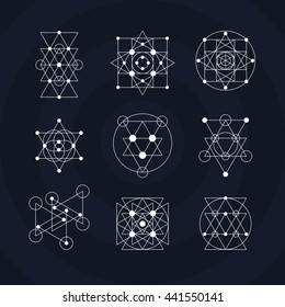 Sacred geometry abstract signs set, tattoo, photo overlay. Alchemy linear modern art. Religion, astrology mystery tribal aztec emblem. Esoteric, science, hipster symbol. Vector logo, t shirt print