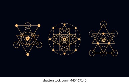 Sacred geometry abstract signs set, tattoo, photo overlay. Alchemy linear modern art. Religion, astrology mystery tribal aztec emblem. Esoteric, science, hipster symbol. Vector logo, t shirt print