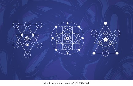 Sacred geometry abstract signs set, tattoo, photo overlay. Alchemy linear modern art. Religion, astrology mystery tribal aztec emblem. Esoteric, science, hipster symbol. Vector logo, t shirt print