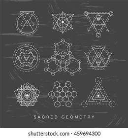 Sacred geometry abstract signs set, tattoo, photo overlay. Alchemy linear modern art. Religion, astrology mystery tribal aztec emblem. Esoteric, science, hipster symbol. Vector logo, t shirt print