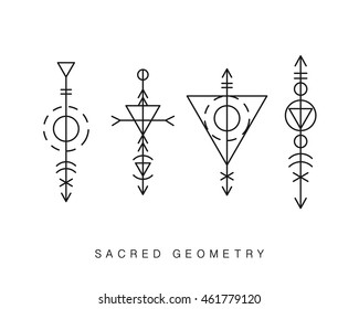 Sacred geometry abstract signs set, tattoo, photo overlay. Alchemy linear modern art. Religion, astrology mystery tribal aztec emblem. Esoteric, science, hipster symbol. Vector logo, t shirt print