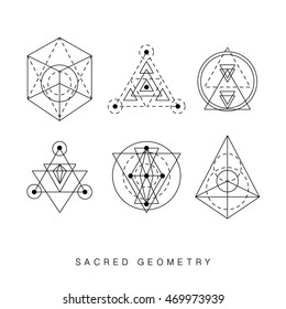 Sacred geometry abstract signs set, tattoo, photo overlay. Alchemy linear modern art. Religion, astrology mystery tribal aztec emblem. Esoteric, science, hipster symbol. Vector logo, t shirt print