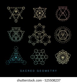 Sacred geometry abstract signs set, tattoo, photo overlay. Alchemy linear modern art. Religion, astrology mystery tribal aztec emblem. Esoteric, science, hipster symbol. Vector logo, t shirt print