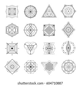 Sacred geometry abstract symbols monochrome set isolated on white background flat vector illustration