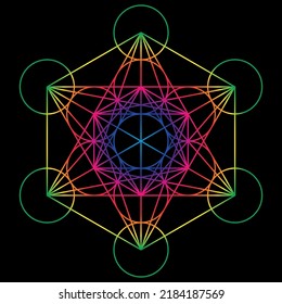 Heilige Geometrie abstrakte Vektorgrafik. Symbol der Alchemie, Religion und Spiritualität. Metatron's Cube. Blume des Lebenszeichens. Hellblauer Neonraum-Hintergrund, Engel, Schutz, Runen, Signillen