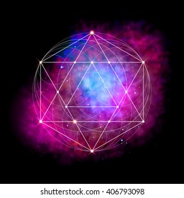 Sacred geometry abstract vector illustration. Symbol of alchemy, religion and spirituality. Metatrons Cube. Flower of life sign. Neon space glowing background.