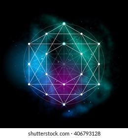 Sacred geometry abstract vector illustration. Symbol of alchemy, religion and spirituality. Metatrons Cube. Flower of life sign. Neon space glowing background.