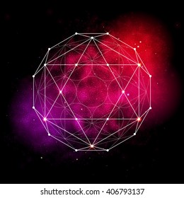 Sacred geometry abstract vector illustration. Symbol of alchemy, religion and spirituality. Metatrons Cube. Flower of life sign. Neon space glowing background.