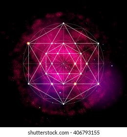 Sacred geometry abstract vector illustration. Symbol of alchemy, religion and spirituality. Metatrons Cube. Flower of life sign. Neon space glowing background.