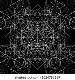Sacred geometry. Alchemy, religion, philosophy, hipster elements. Geometric shapes. Vector illustration mandala in black background. Line art mystical symbol.