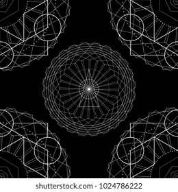 Sacred geometry. Alchemy, religion, philosophy, hipster elements. Geometric shapes. Vector illustration mandala in black background. Line art mystical symbol.