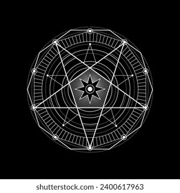 Geometría sagrada, tatuaje espiritual de la alquimia. Meditación y símbolo esotérico religioso. Espiritualidad, patrón de línea mística masónica, símbolo vector de contorno geométrico oculto, adorno de misterio iluminado