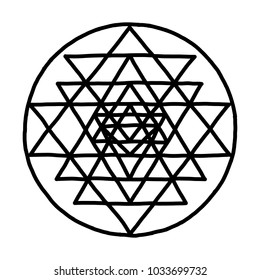 Sacred geometry and alchemy symbol Sri Yantra. Hand drawn sketch for your design