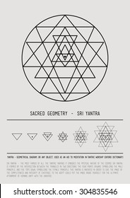 Sacred geometry and alchemy symbol. Sri Yantra - symbol of Hindu tantra formed by nine interlocking triangles that radiate out from the central point. Grey and black. Stock vector.