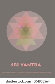 Sacred geometry and alchemy symbol. Sri Yantra - symbol of Hindu tantra formed by nine interlocking triangles that radiate out from the central point. Grey, violet and green colored. Stock vector.