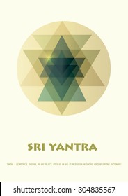Sacred geometry and alchemy symbol. Sri Yantra - symbol of Hindu tantra formed by nine interlocking triangles that radiate out from the central point. Amber colored. Stock vector.