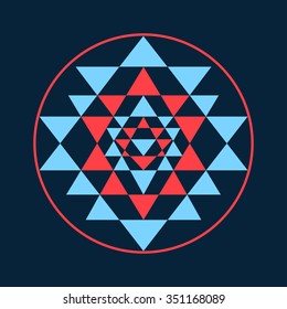 Sacred geometry and alchemy symbol Sri Yantra, formed by nine interlocking triangles that surround and radiate out from the central point.