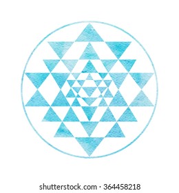 Sacred geometry and alchemy symbol Sri Yantra, formed by nine interlocking triangles that surround and radiate out from the central point. Blue Watercolor texture. 