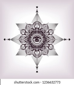 Sacred geometry with all seeing eye. Sketch for tattoo art, coloring book, print t shirt.