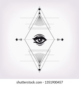 Sacred geometry with all seeing eye. Diamond ana eye. Black and white illustration. To be use for print t shirt, tattoo art, coloring book pages. Line art. Masonic symbol.