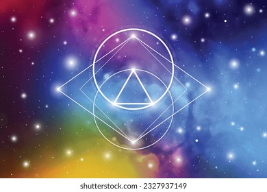 Sacred geometry art with golden ratio numbers, interlocking circles, triangles and squares, flows of energy and particles in front of outer space background. The formula of nature.