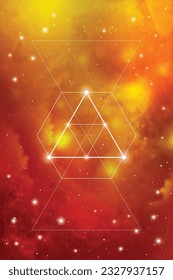 Sacred geometry art with golden ratio numbers, interlocking circles, triangles and squares, flows of energy and particles in front of outer space background. The formula of nature.