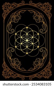 Sacred geometry art nouveau style illustration. Tarot deck design. Romantic esoteric gold and black vector art.