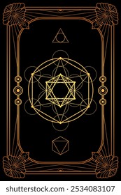 Sacred geometry art nouveau style illustration. Tarot deck design. Romantic esoteric gold and black vector art.