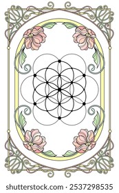 Sacred geometry art nouveau style illustration. Tarot deck design. Romantic esoteric vector art.