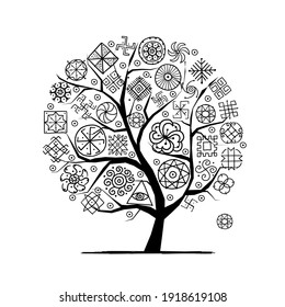 Sacred geometry, art tree. Alchemy, religion, philosophy, spirituality. Hand drawn sketch for your design. Vector illustration