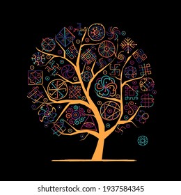 Sacred geometry, art tree. Alchemy, religion, philosophy, spirituality. Hand drawn sketch for your design