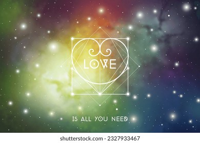 Sacred geometry astrology Valentine greeting card with geometric hipster style heart on colorful outer space background.